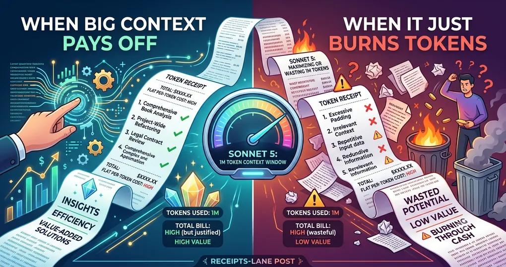 Split-panel illustration. A central speedometer gauge labeled "Sonnet 5: 1M token context window" divides two long paper receipts. The teal left half, headed "When big context pays off," shows a receipt of green-checked line items ending in HIGH VALUE. The red right half, headed "When it just burns tokens," shows a receipt of red-X'd wasteful line items beside burning trash cans, ending in LOW VALUE — burning through cash. Both receipts read "Tokens used: 1M, Total bill: HIGH."