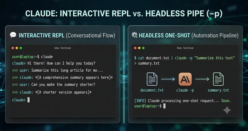 Split diagram contrasting the interactive Claude Code REPL with a scripted claude -p one-shot piped into CI.