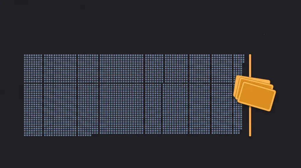 Flat vector chart on a near-black background. An enormous slate-blue bar, built from thousands of tiny uniform squares, stretches across almost the entire frame — the cache reads. At its right edge stands a single thin amber line, a fraction of the blue bar's width, with a small stack of four tilted amber rounded rectangles overlapping it like dropped screenshots. The images are dwarfed by everything else the session moved.